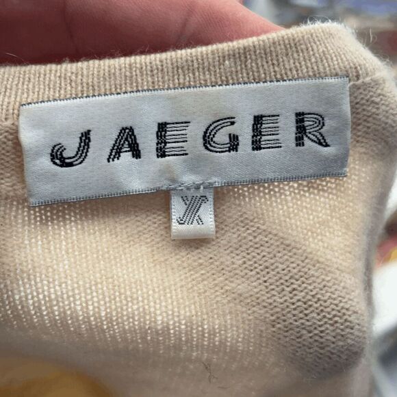 Vintage Jaegar Womens 100% Cashmere Sweater Size Medium Crew Neck Tan Polka Dots - Picture 4 of 7
